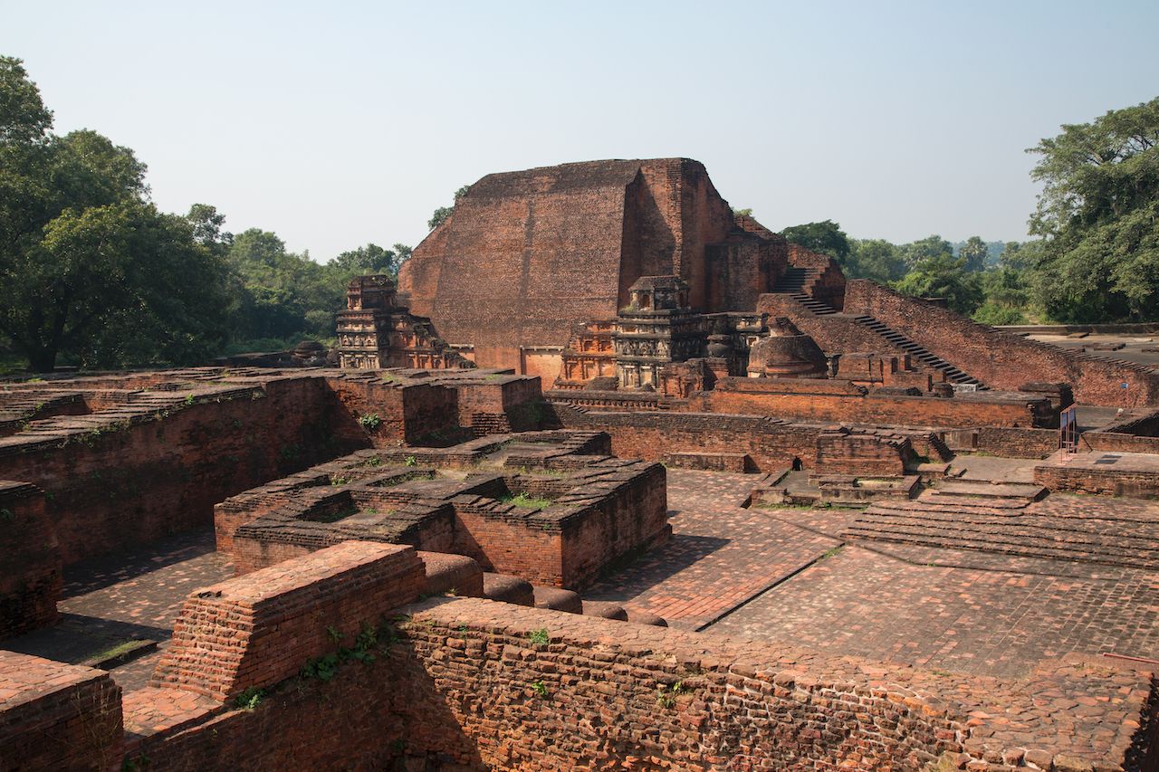 Ruins of Nalanda University ancient center of Buddhist higher learning, Nalanda, Bihar, India.