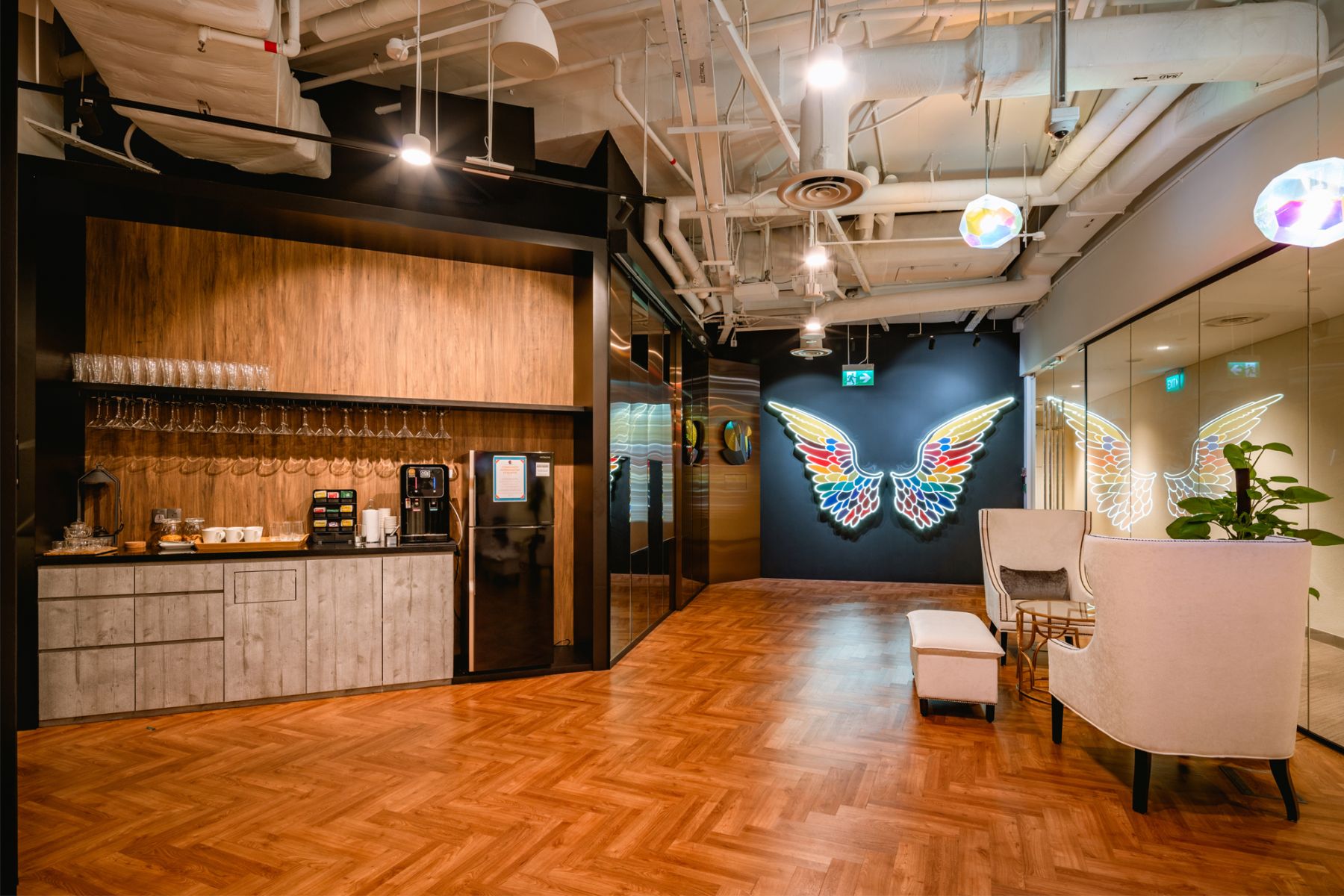 The sleek pantry area of Spectrum is stocked with coffee and tea (Image: Courtesy of Spectrum)
