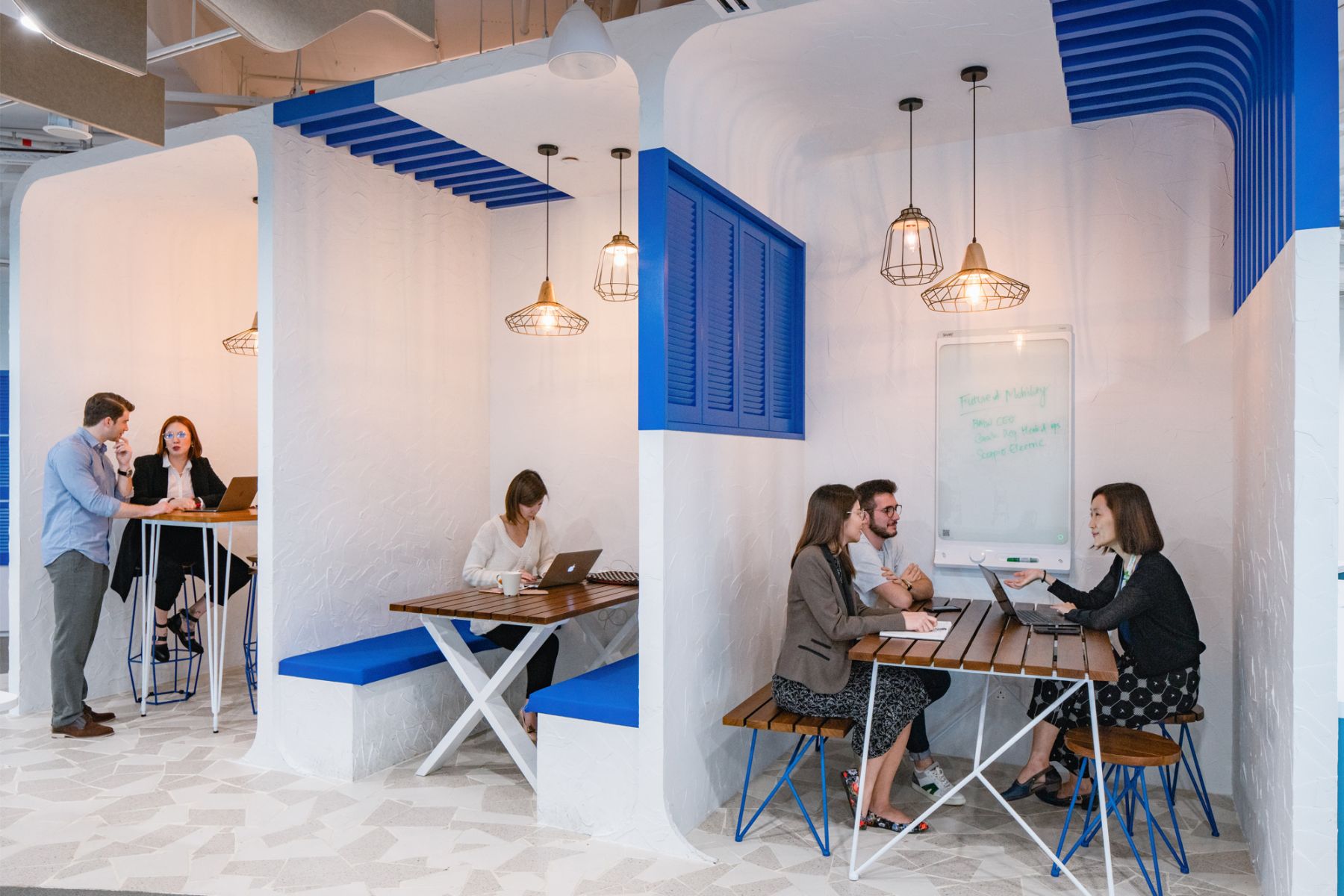 Spectrum boasts several themed meeting spaces, such as this one named 'Santorini' for its breezy white and blue palette (Image: Courtesy of Spectrum)