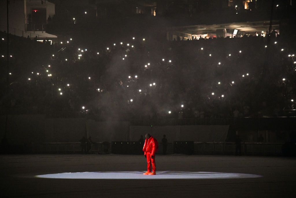 ATLANTA, GEORGIA - JULY 22: Kanye West is seen at âDONDA by Kanye Westâ listening event at Mercedes-Benz Stadium on July 22, 2021 in Atlanta, Georgia. (Photo by Kevin Mazur/Getty Images for Universal Music Group)