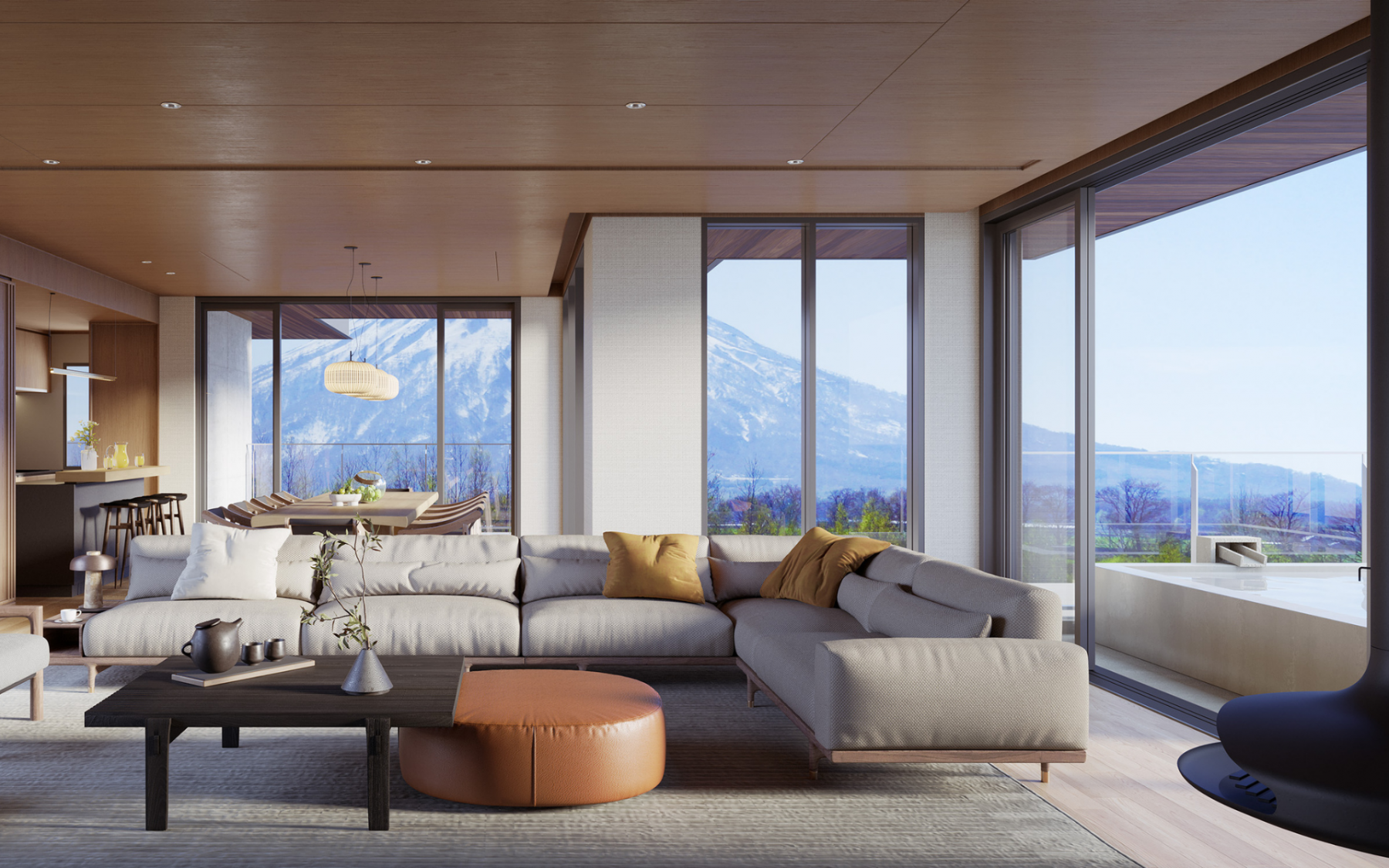 The penthouse has a panoramic view of Mount Yotei