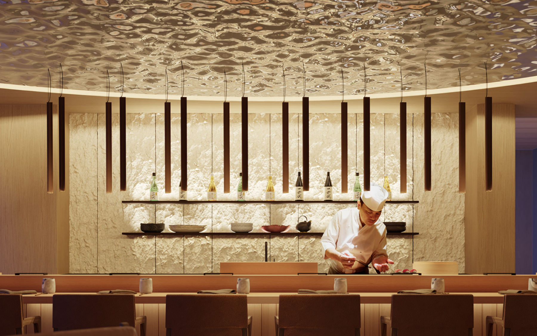 The sushi bar at Niseko Kyo allows diners to watch the meals being meticulously prepared