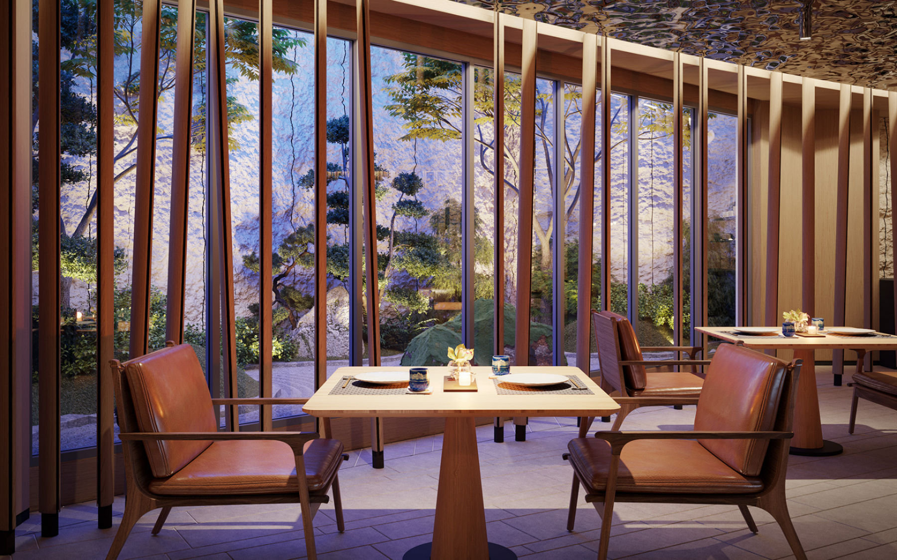 The bar area features a charming garden beyond it