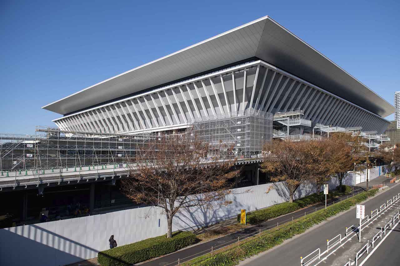An exterior view of Tokyo Aquatics Center, the venue for Tokyo 2020 Olympic and Paralympic Games swimming events, in Tokyo, Japan, 21 November 2019. The aquatic center is scheduled to be completed in February 2020. (Photo by Alessandro Di Ciommo/NurPhoto via Getty Images)