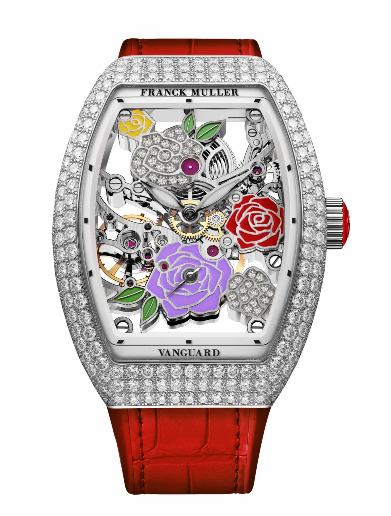 The Vanguard Rose Skeleton Color Dreams in white gold beset with diamonds and a red alligator strap