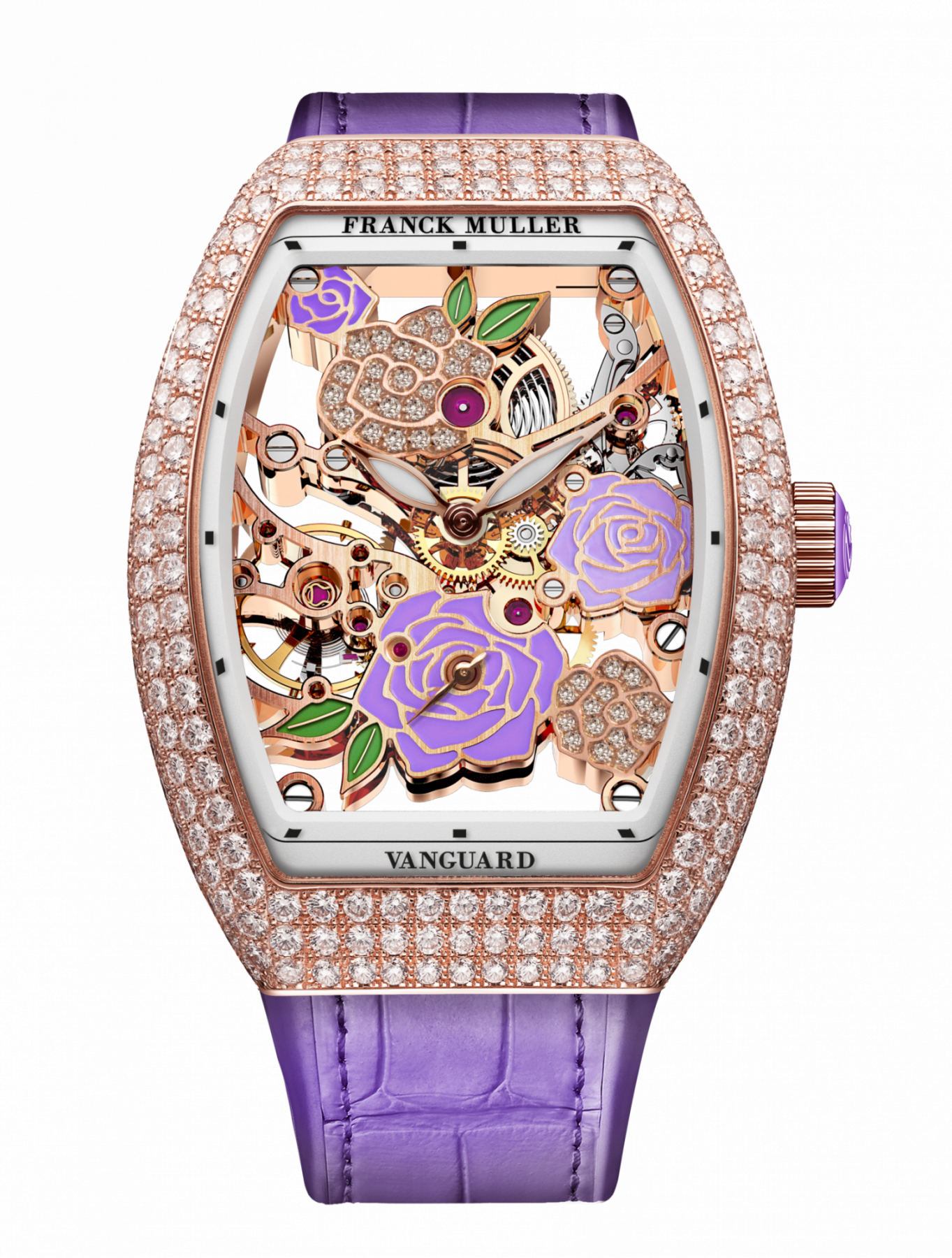 The Vanguard Rose Skeleton in rose gold beset with diamonds and a purple alligator strap