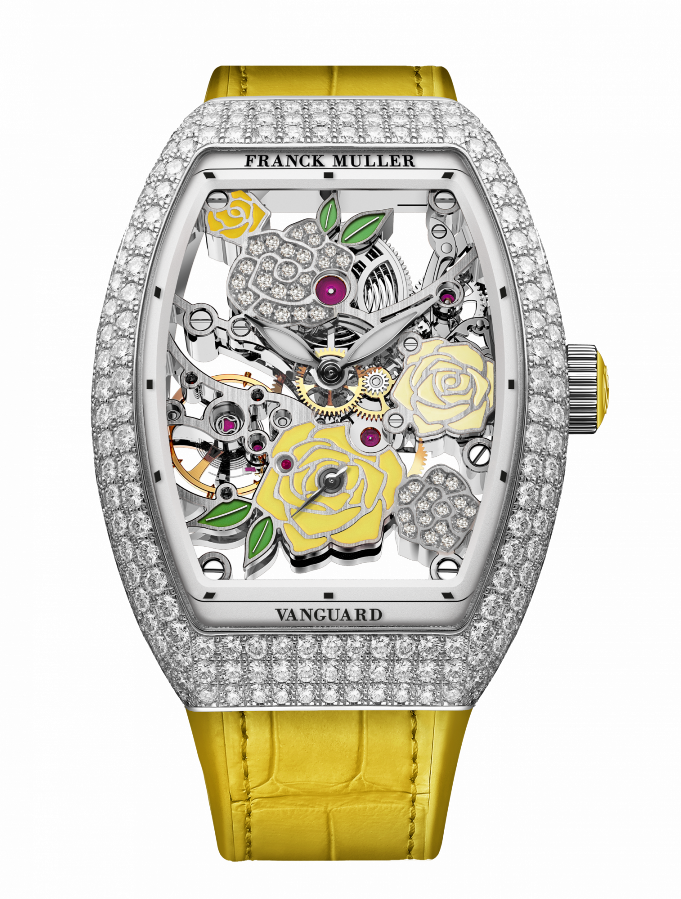 The Vanguard Rose Skeleton in white gold beset with diamonds and a yellow alligator strap