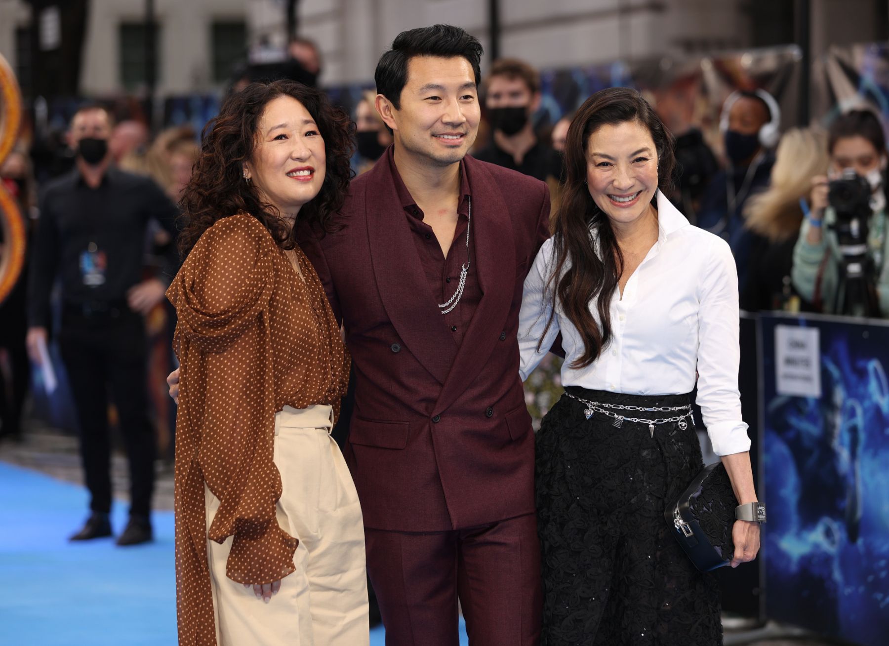 LONDON, ENGLAND - AUGUST 26: Sandra Oh, Michelle Yeoh and Simu Liu attend the "Shang-Chi" premiere screening on August 26, 2021 in London, England. (Photo by Mike Marsland/WireImage)