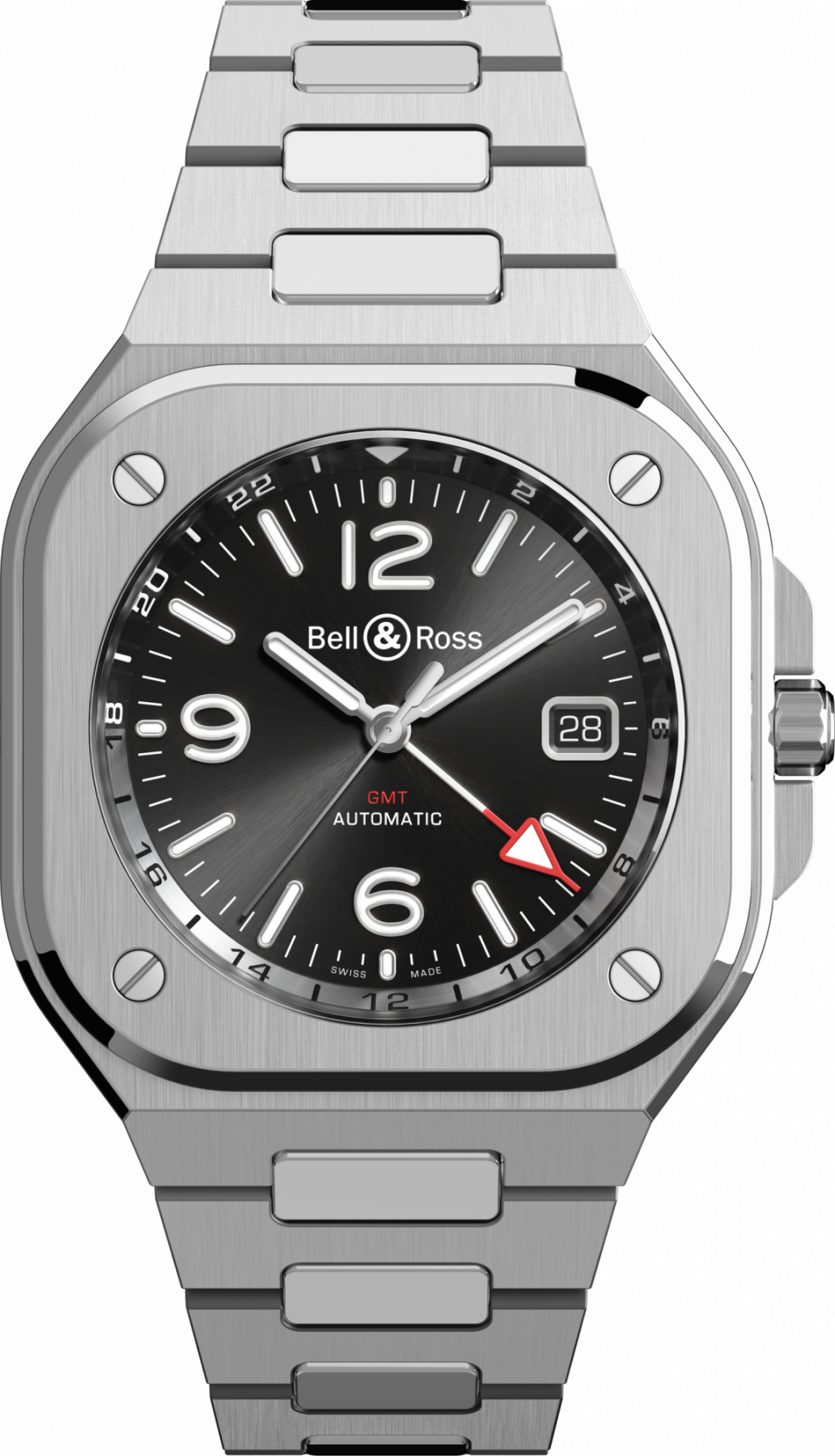 The new BR 05 GMT with a polished steel strap