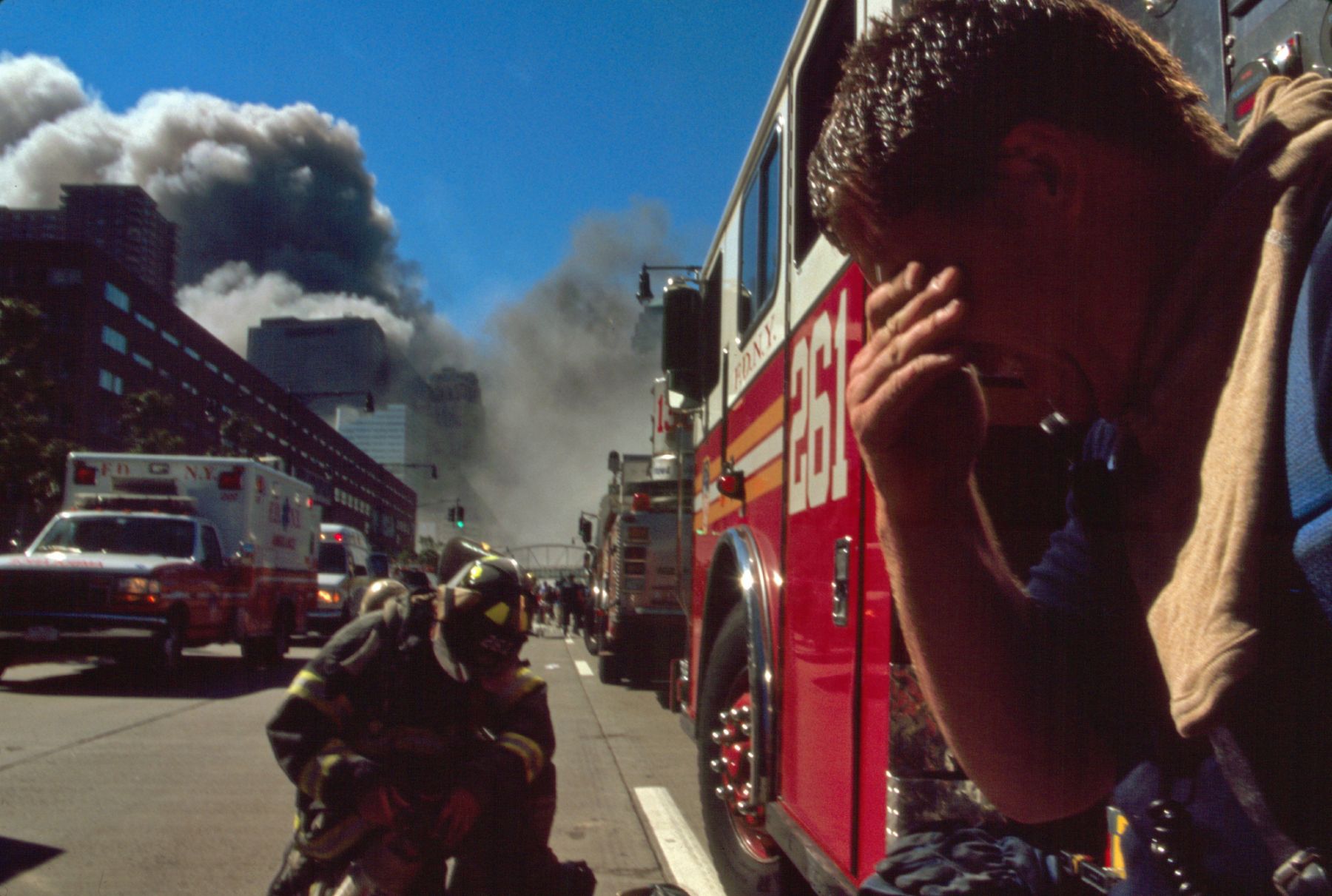 Colour photograph of a New York Fire-fighter amid the rubble of the World Trade Centre following the 9/11 attacks. Dated 2001. (Photo by: Universal History Archive/Universal Images Group via Getty Images)