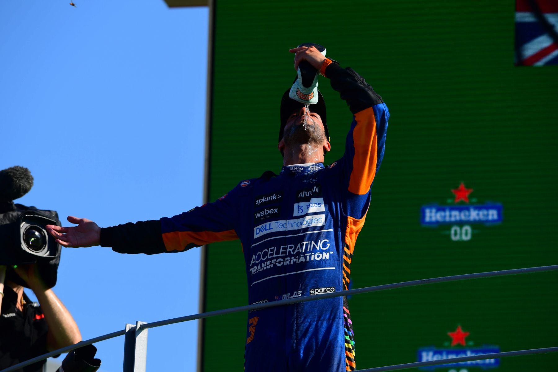 Daniel Ricciardo of McLaren F1 Team celebrate during podium ceremony after race of Italian GP, 14th round of Formula 1 World Championship in Autodromo Internazionale di Monza, in Monza, Lombardia, Italy, 12 September 2021 (Photo by Andrea Diodato/NurPhoto via Getty Images)