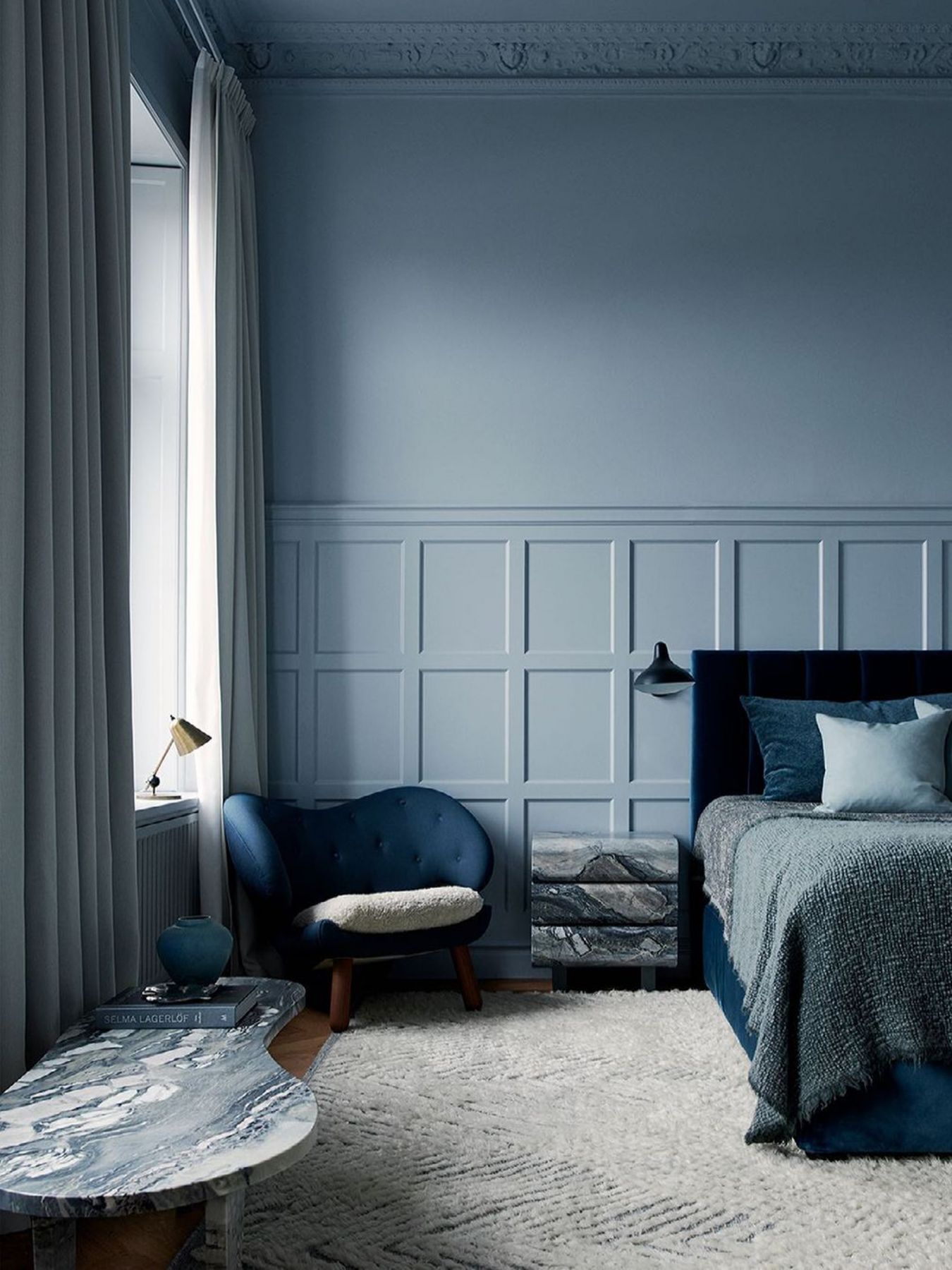 Stockholm interior design firm Studio Lawahl used varying hues of blue to create a sophisticated soothing haven (Image: Kristofer Johnsson, via Joanna Lavén/@joannalaven)