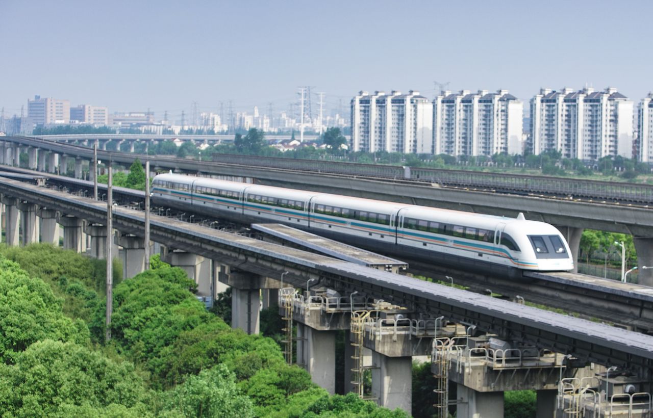 Shanghai magnetic levitation (maglev) train departure for Pudong airport.This train link Pudong international airport with Shanghai downtown area.