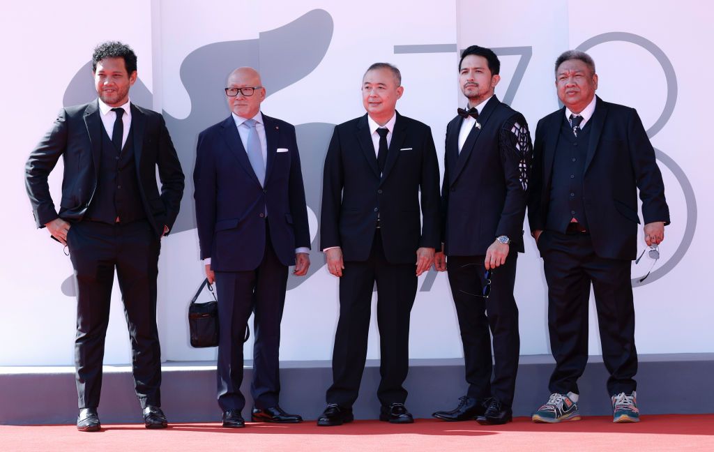 VENICE, ITALY - SEPTEMBER 10: (3rd L) Ronald Stephen Monteverde, Dennis Trillo, director Erik Matti attends the red carpet of the movie "On the Job: The Missing 8" during the 78th Venice International Film Festival on September 10, 2021 in Venice, Italy. (Photo by John Phillips/Getty Images)