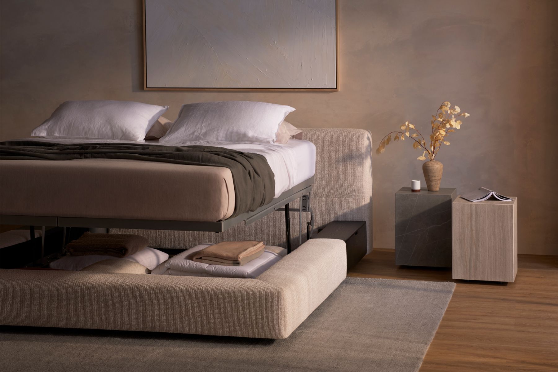The Jasper bed also contains a built-in compartment for extra storage