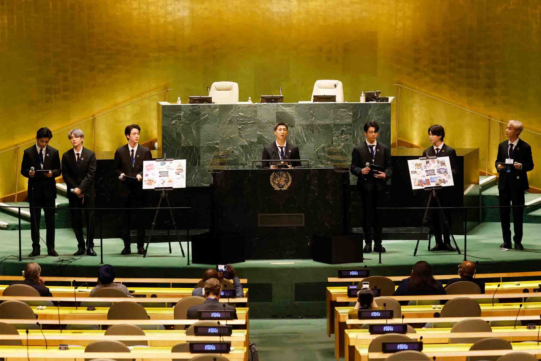Taehyung/V, Suga, Jin, RM, Jungkook, Jimin and JHope of South Korean boy band BTS speak at the SDG Moment event as part of the UN General Assembly 76th session General Debate. (Photo: Getty Images)