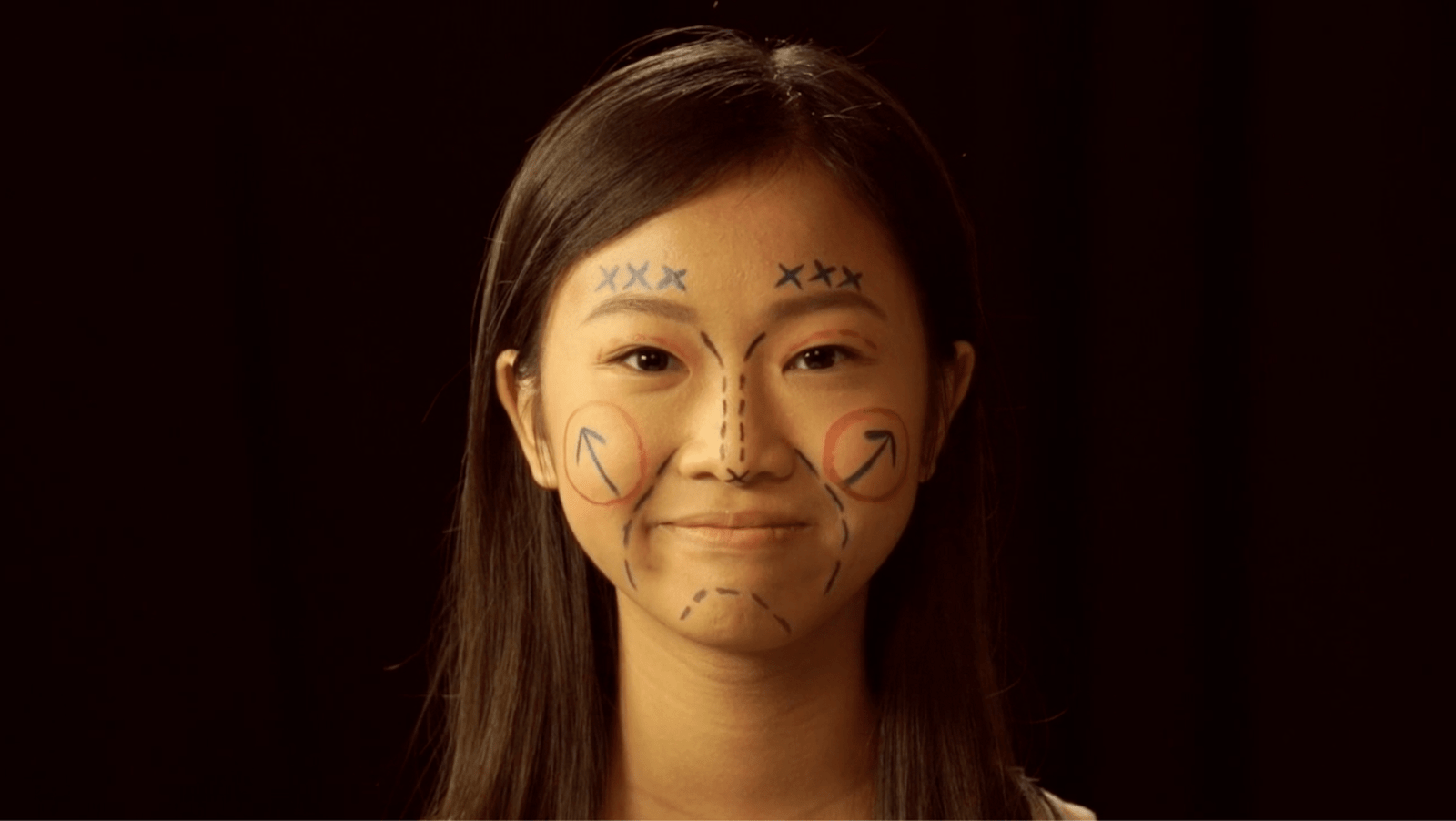 An image of a woman with plastic surgery lines on her face from the documentary She Objects by Nicola Fan