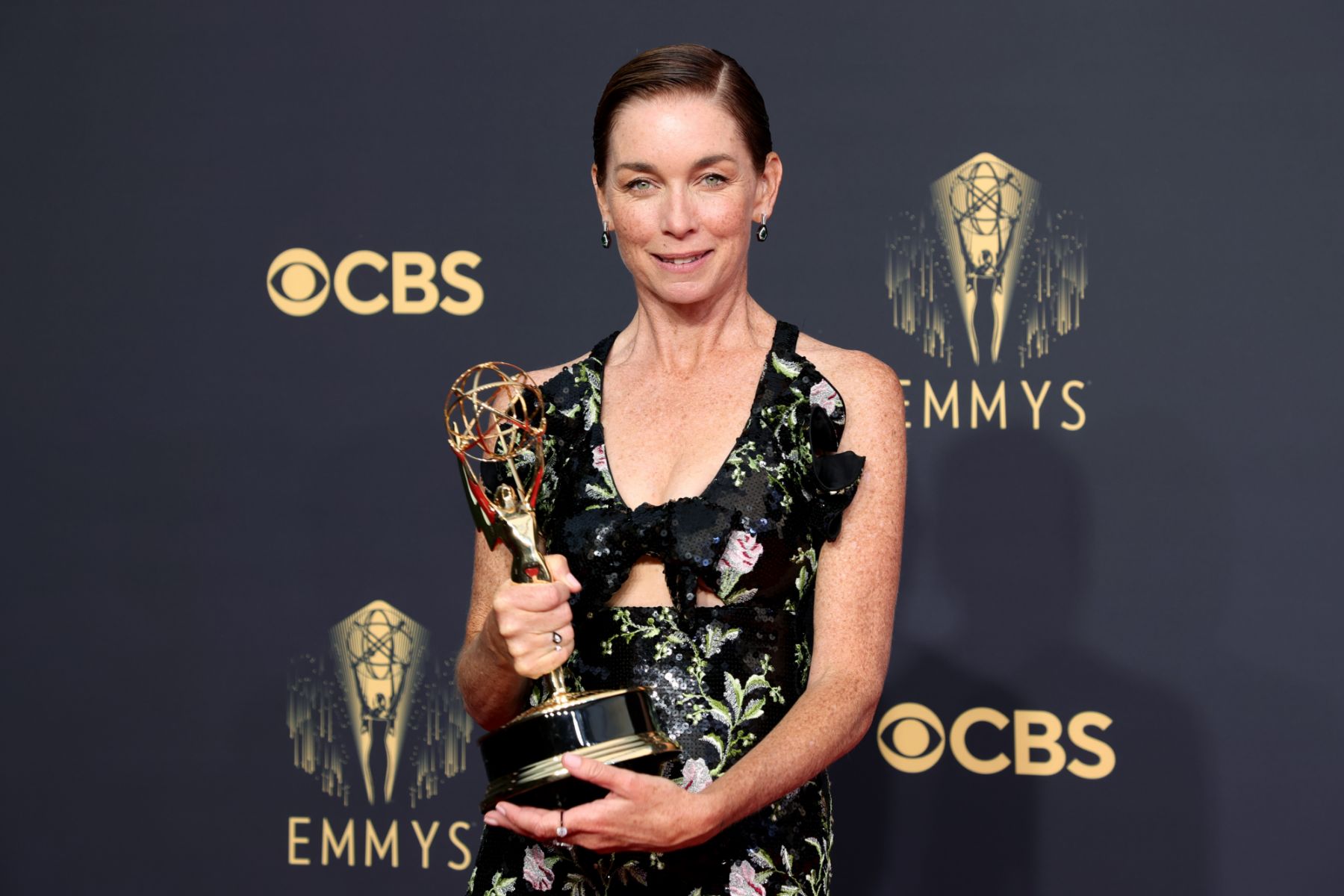 LOS ANGELES, CALIFORNIA - SEPTEMBER 19: Julianne Nicholson, winner of the Outstanding Supporting Actress In A Limited Or Anthology Series Or Movie award for âMare Of Easttown,â poses in the press room during the 73rd Primetime Emmy Awards at L.A. LIVE on September 19, 2021 in Los Angeles, California. (Photo by Rich Fury/Getty Images)