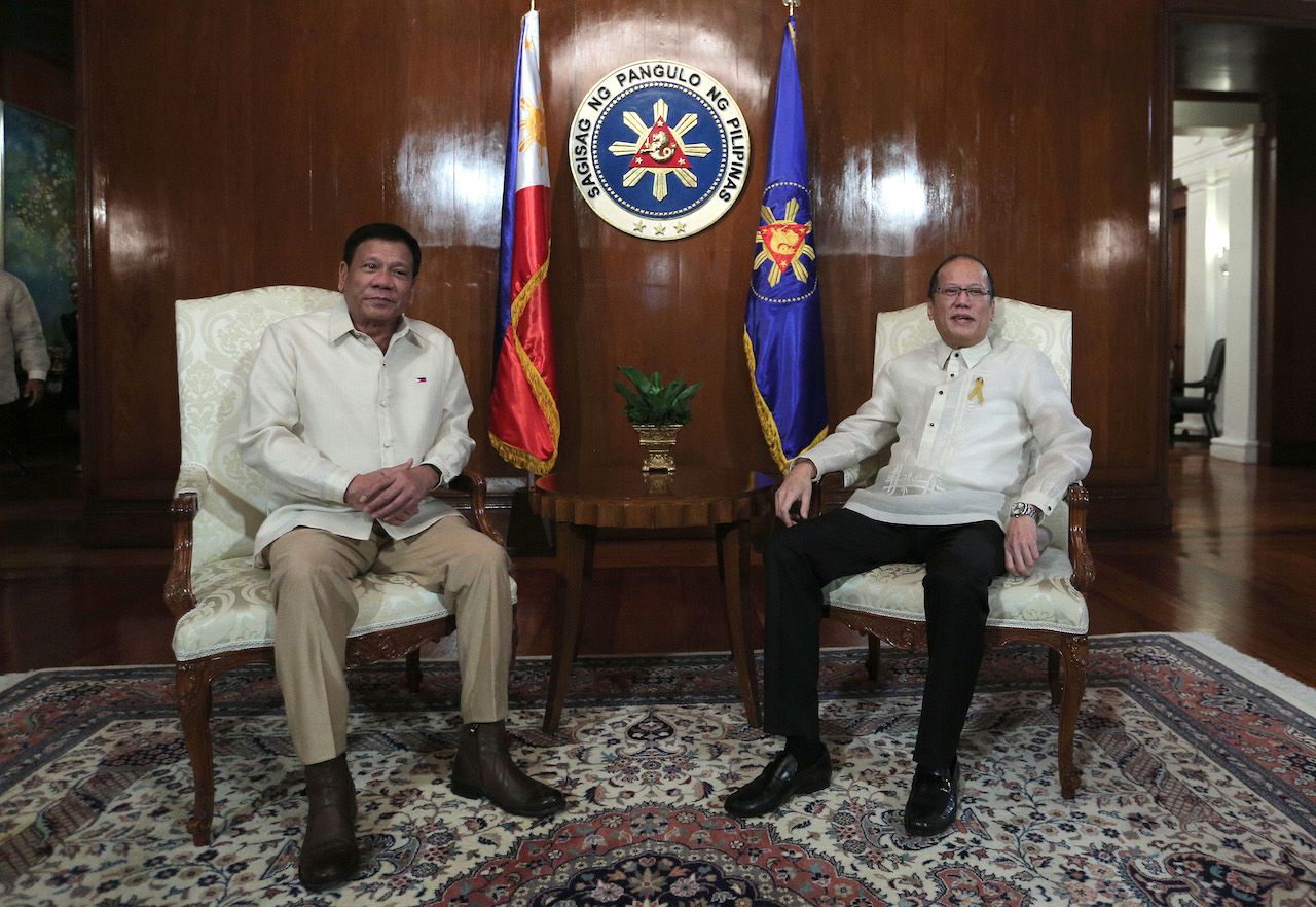 MANILA, PHILIPPINES - JUNE 30: In this handout image provided by Malacanang Photo Bureau, Outgoing President Benigno S. Aquino III talks to incoming President Rodrigo R. Duterte at the Presidents Hall Sala of the Malacanan Palace during the Departure Honors on June 30, 2016 in Manila, Philippines. Rodrigo Duterte, a city mayor also known as "The Punisher", was sworn in as the 16th president of the Philippines on Thursday to serve a six-year term while promising to get rid of crime and corruption. (Photo by