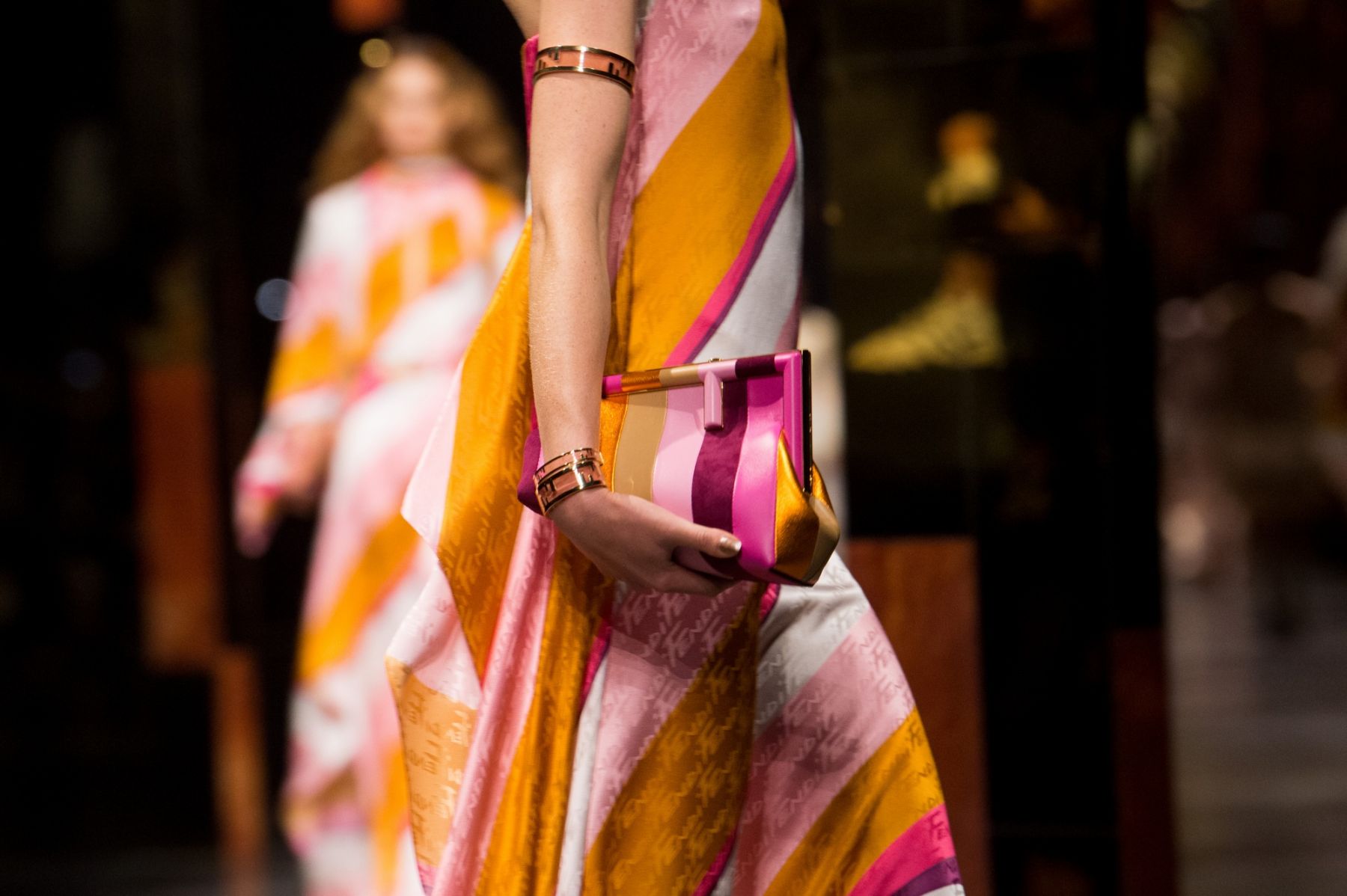 MILAN, ITALY - SEPTEMBER 22: A model, bag detail, walks the runway at the Fendi fashion show during the Milan Fashion Week - Spring / Summer 2022 on September 22, 2021 in Milan, Italy. (Photo by Jacopo Raule/Getty Images)