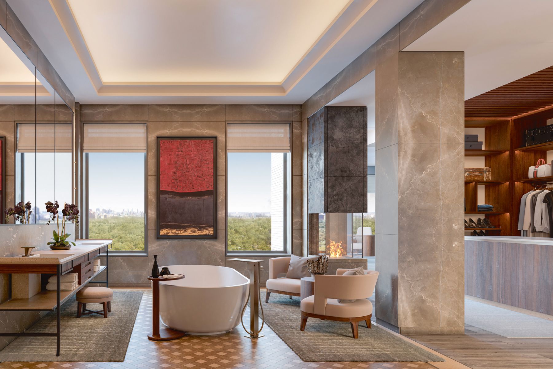 A bathroom in a show apartment at the Residences at Aman New York, a hotel and branded residential development designed by Jean-Michel Gathy of Denniston