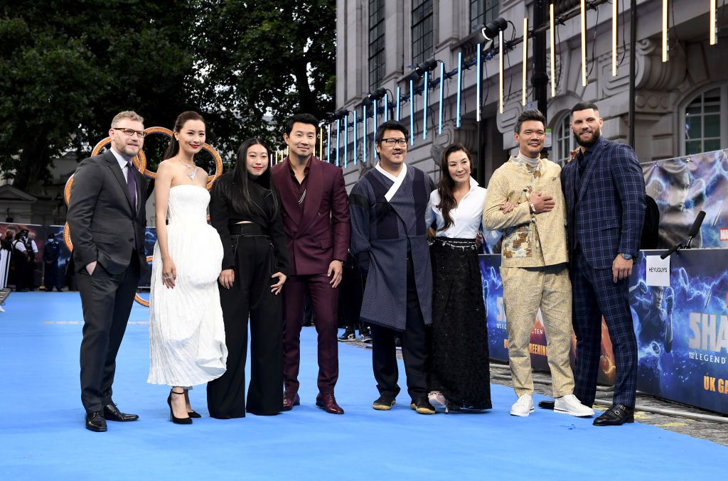 LONDON, ENGLAND - AUGUST 26: (L-R) Jonathan Schwartz, Fala Chen, Awkwafina, Simu Liu, Benedict Wong, Michelle Yeoh, Destin Daniel Cretton and Florian Munteanu attend the "Shang-Chi and the Legend of the Ten Rings" UK Gala Screening at Curzon Cinema Mayfair on August 26, 2021 in London, England. (Photo by Ian Gavan/Getty Images for Disney)