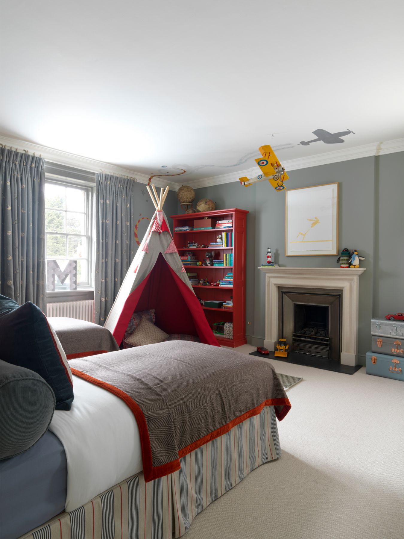 The large tent in the bedroom is specially custom-made by the design team from linen and wool