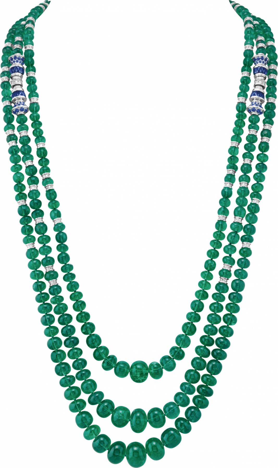 Via Cappello transformable long necklace. White gold, 325 emerald beads for 545.04 carats (Afghanistan), sapphires, diamonds.