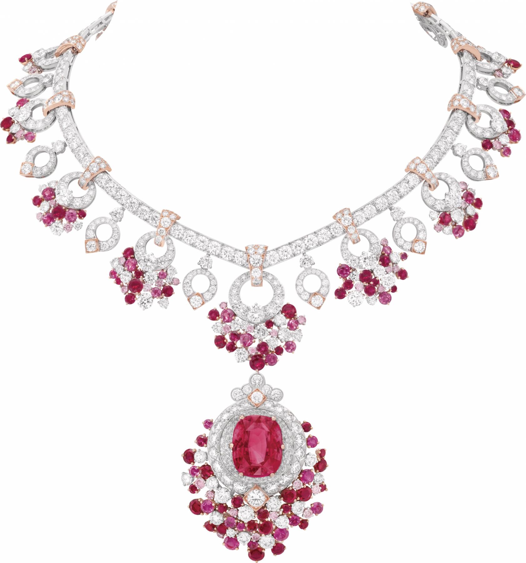 Jardin de rubis necklace with detachable clip. White gold, rose gold, one cushion-cut ruby of 18.12 carats (Tanzania), rubies, pink and white diamonds.