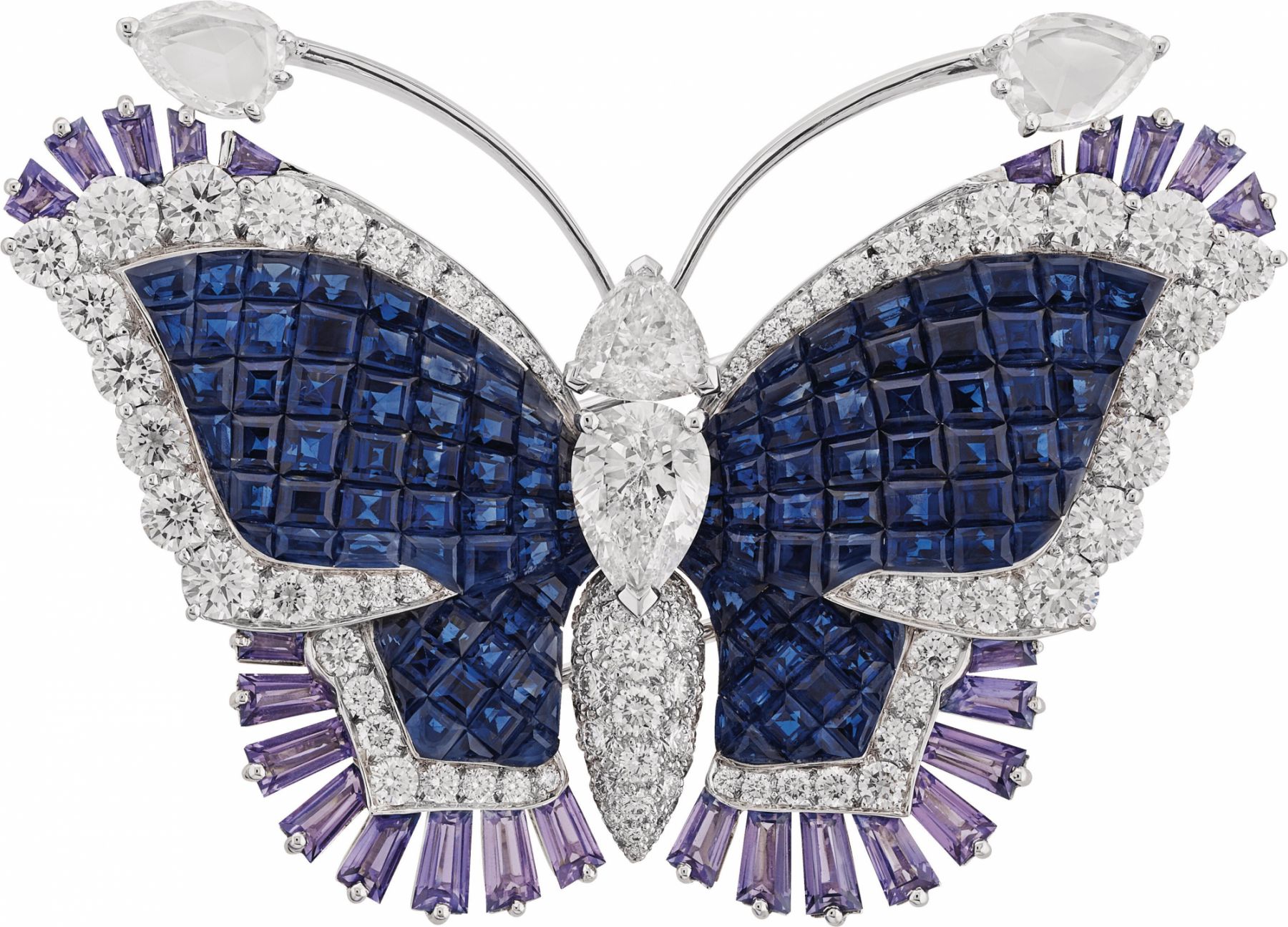 Ãventails butterfly clip. White gold, rose gold, Traditional Mystery Set sapphires, one pear-shaped DIF diamond of 1.14 carats, mauve sapphires, diamonds.