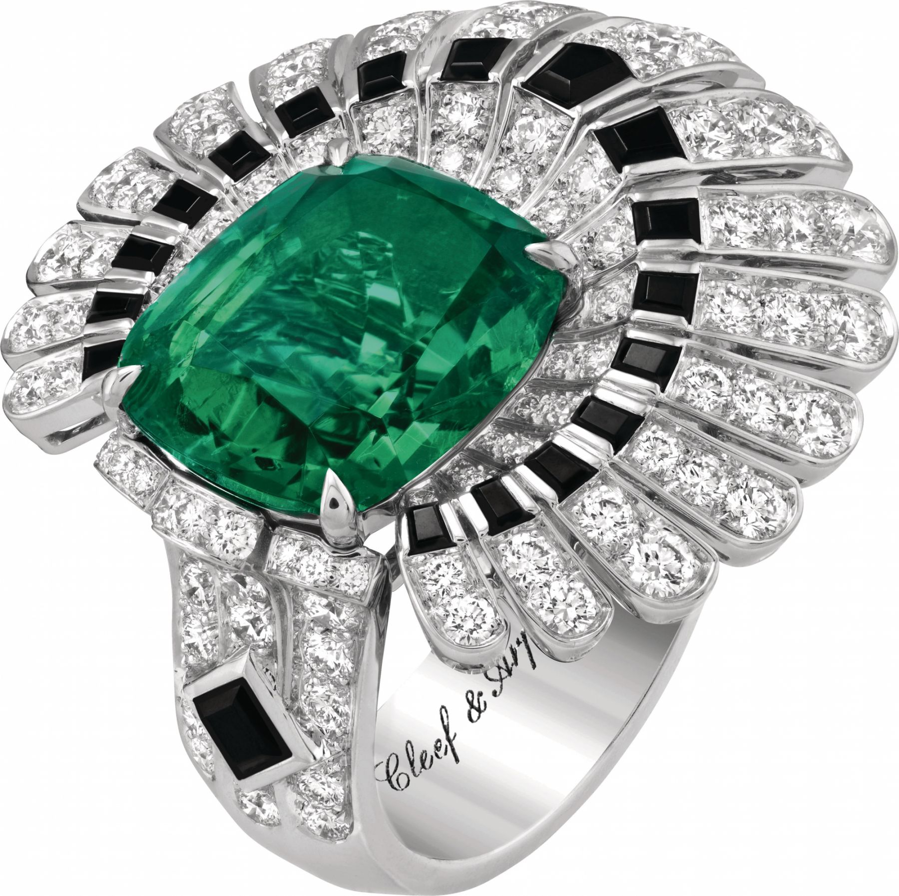 Feuillage d'Ã©meraude ring. White gold, platinum, one cushion-cut emerald of 6.24 carats (Zambia), black spinels, diamonds.