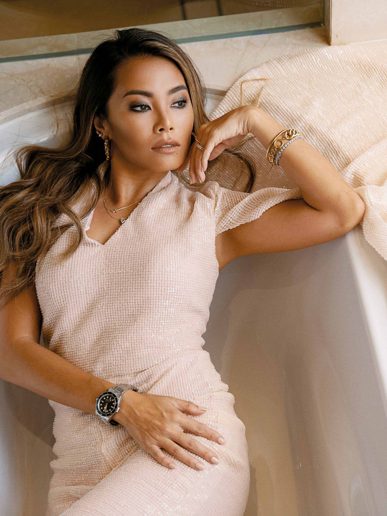 Ung Yiu Lin wears her own Afiq M dress, jewellery from Kin, and Tudor Black Bay Fifty-Eight watch from Swiss Watch Gallery (Photo: Meng/All Is Amazing)