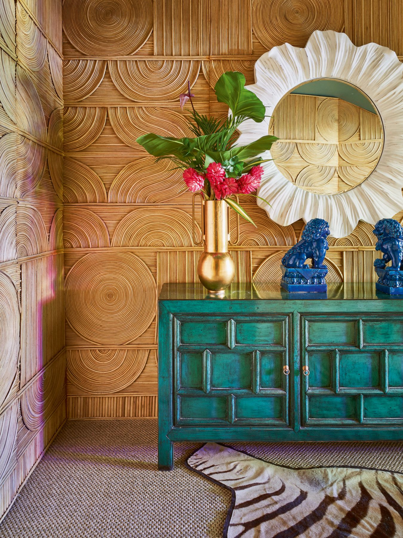 A feature wall lined with cane emulates the style of local handicraft