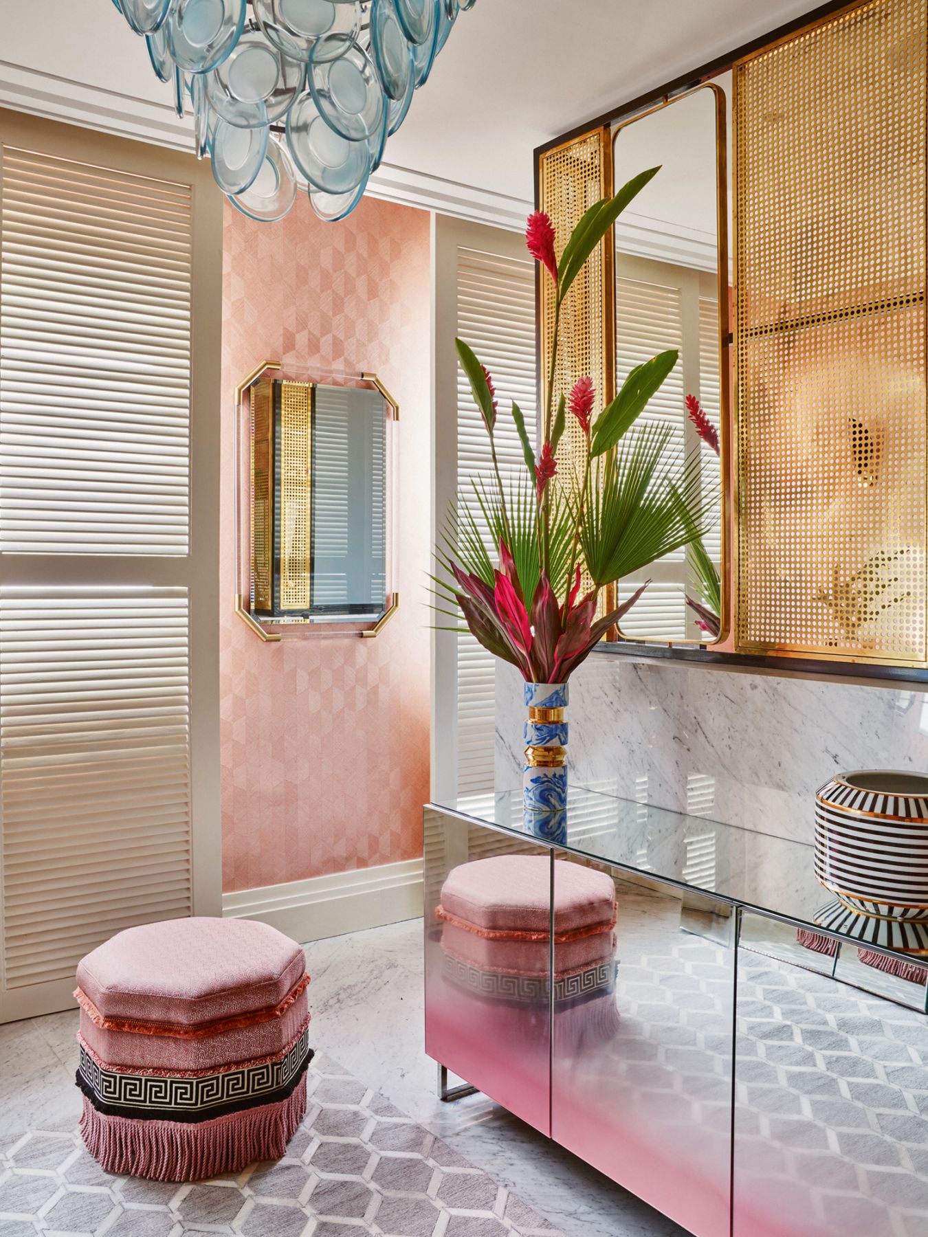 A vintage Italian lamp from the sixties and a custom pouf with trimmings from Dedar add a retro touch to this bathroom