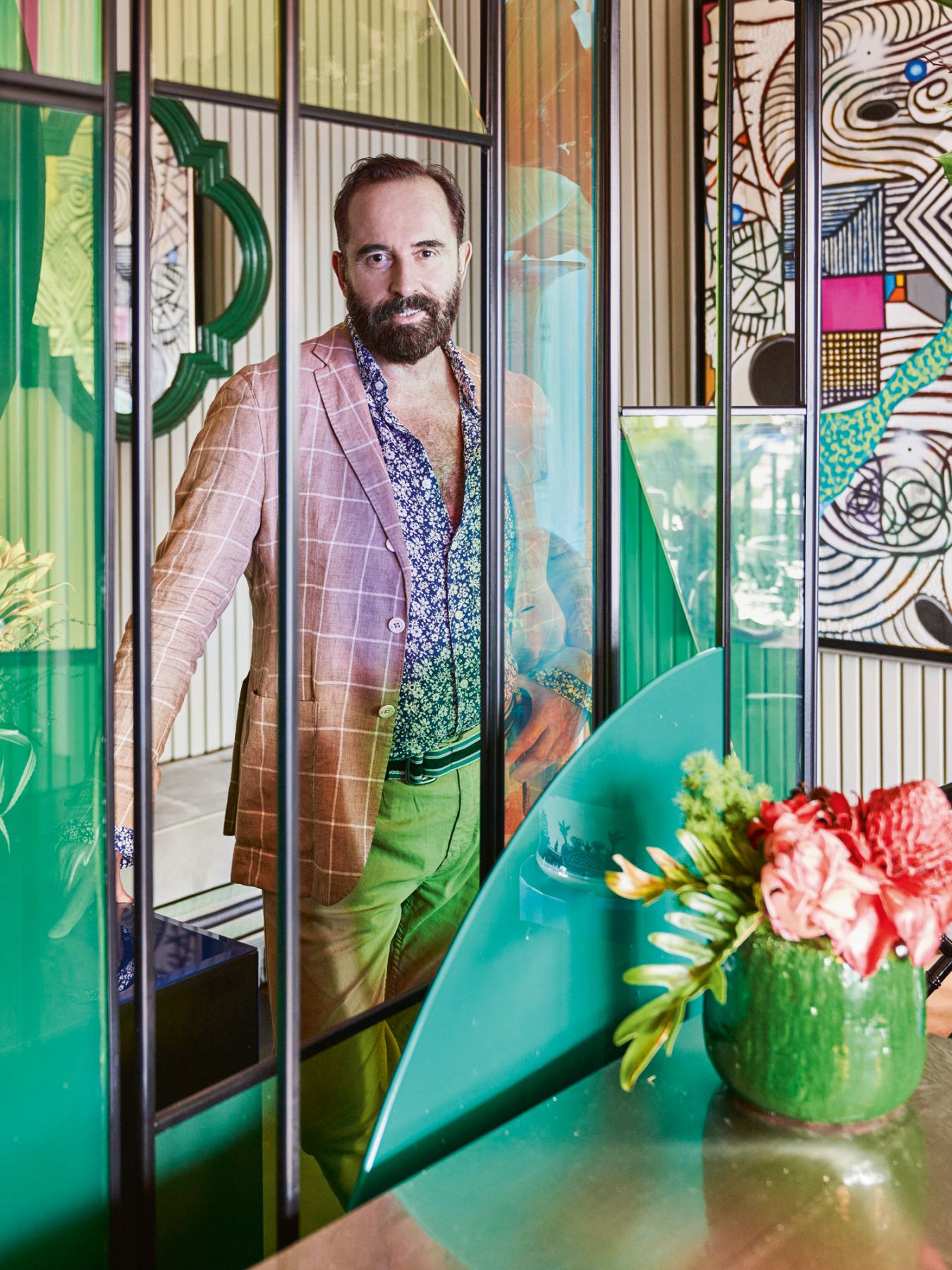 Interior designer Pepe Leal at the entrance of the home