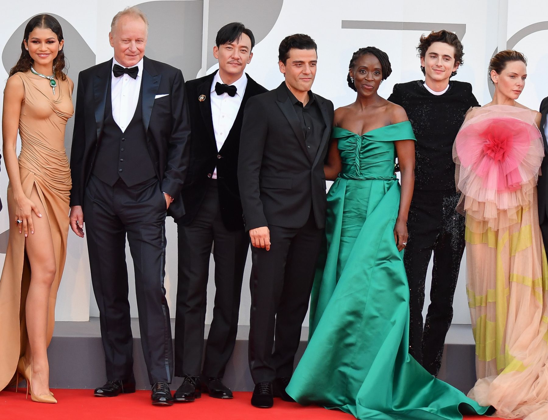 VENICE, ITALY - SEPTEMBER 03: (L-R) Javier Bardem, Zendaya, Stellan Skarsgård, Chang Chen, Oscar Isaac, Sharon Duncan-Brewster, Timothée Chalamet, Rebecca Ferguson, director Denis Villeneuve, Dave Bautista and Josh Brolin attend the red carpet of the movie "Dune" during the 78th Venice International Film Festival on September 03, 2021 in Venice, Italy. (Photo by Stephane Cardinale - Corbis/Corbis via Getty Images)