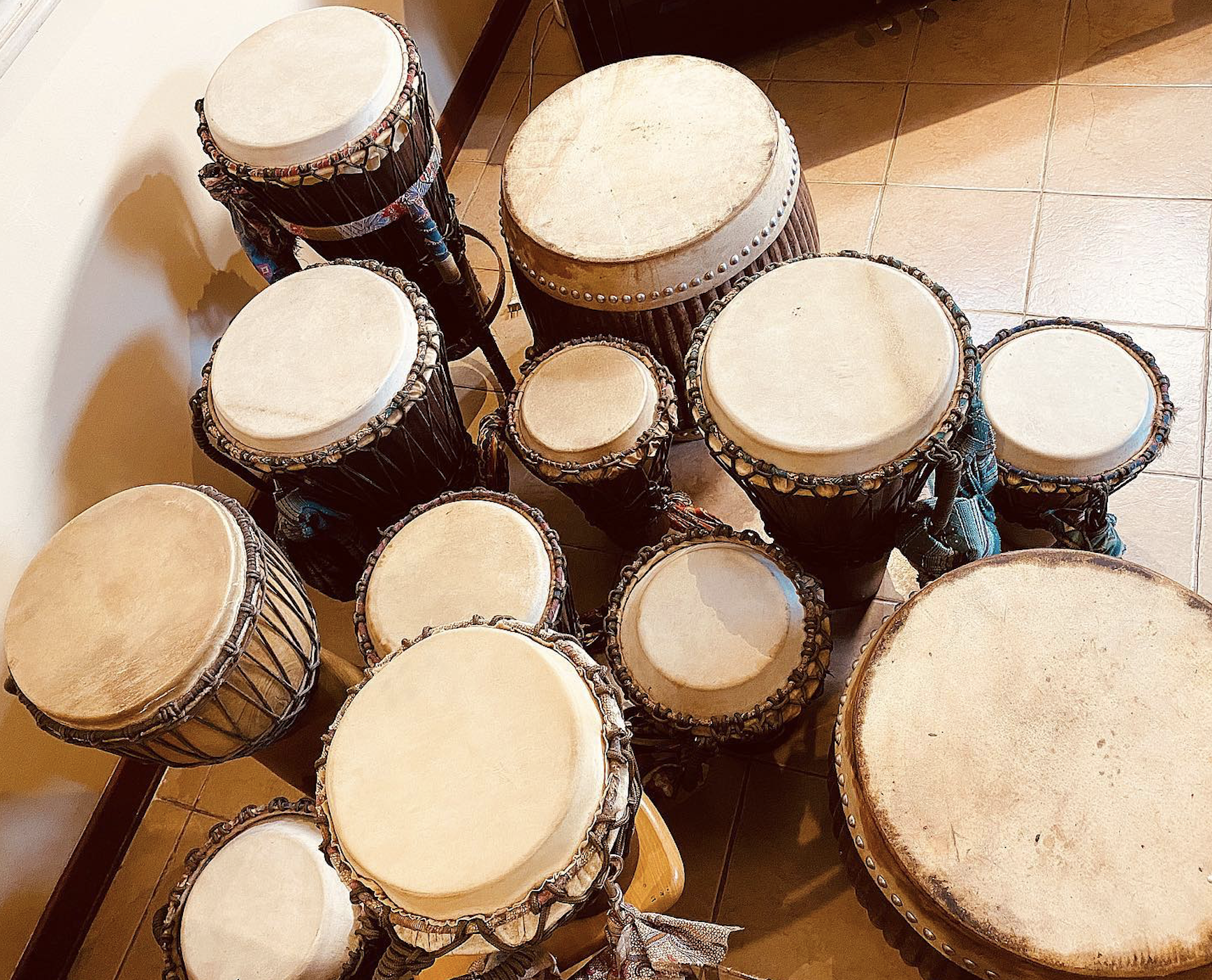 Cayabyab organising his hand drum collection