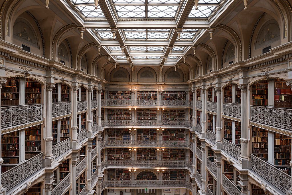 UNITED STATES - OCTOBER 07: George Peabody Library, formerly the Library of the Peabody Institute of the City of Baltimore, is part of the Johns Hopkins Sheridan Libraries. Baltimore, Maryland (Photo by Carol M. Highsmith/Buyenlarge/Getty Images)