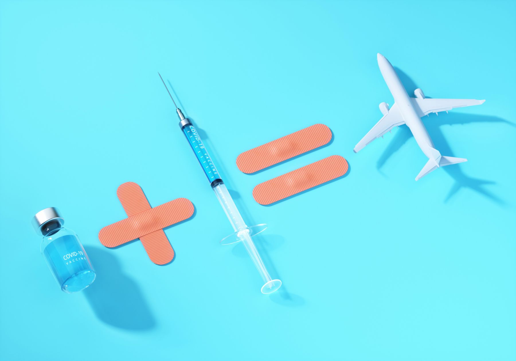 Digital generated image of COVID-19 vaccine bottle plus syringe equals airplane, indicating the possibility of travel following immunization.
