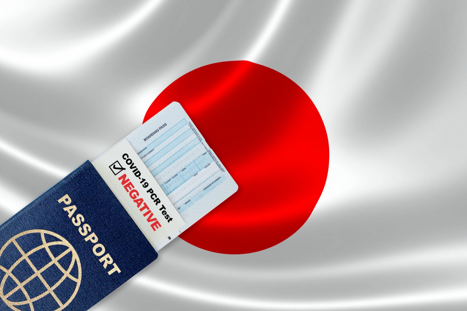 Travel passport, boarding pass and negative COVID-19 PCR test result for Japan. Concept of new normal air or land border travel with proof of Coronavirus testing requirement in Japan