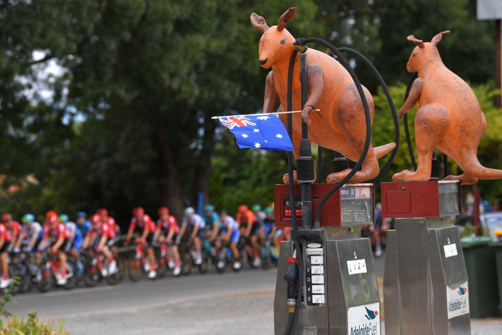 VICTOR HARBOR, AUSTRALIA - JANUARY 25: Australia Flag / Gas Station / Kangaroo / Fans / Public / Peloton / during the 22nd Santos Tour Down Under 2020, Stage 5 a 149,1km stage from Glenelg to Victor Harbor / TDU / @tourdownunder / #UCIWT / on January 25, 2020 in Victor Harbor, Australia. (Photo by Tim de Waele/Getty Images)