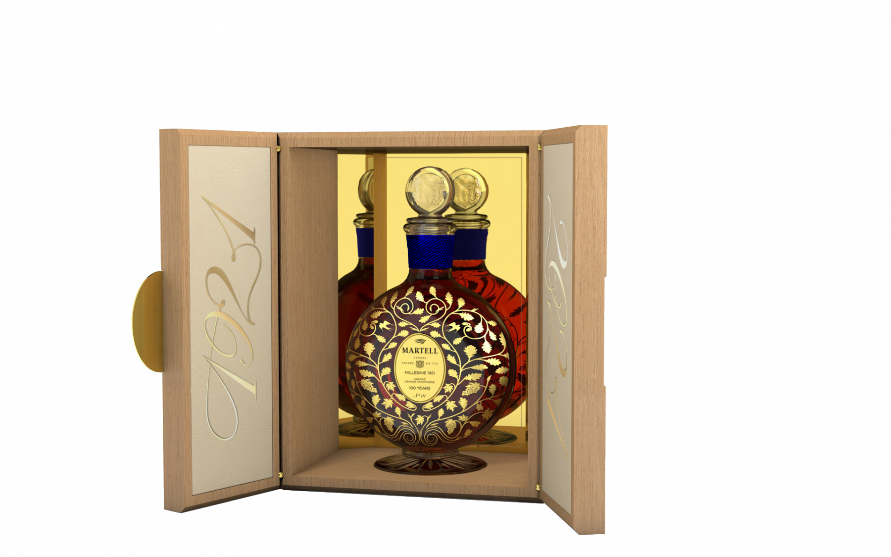 Photo: The Martell Centenary 1921 alongside its handcrafted wooden marquetry box