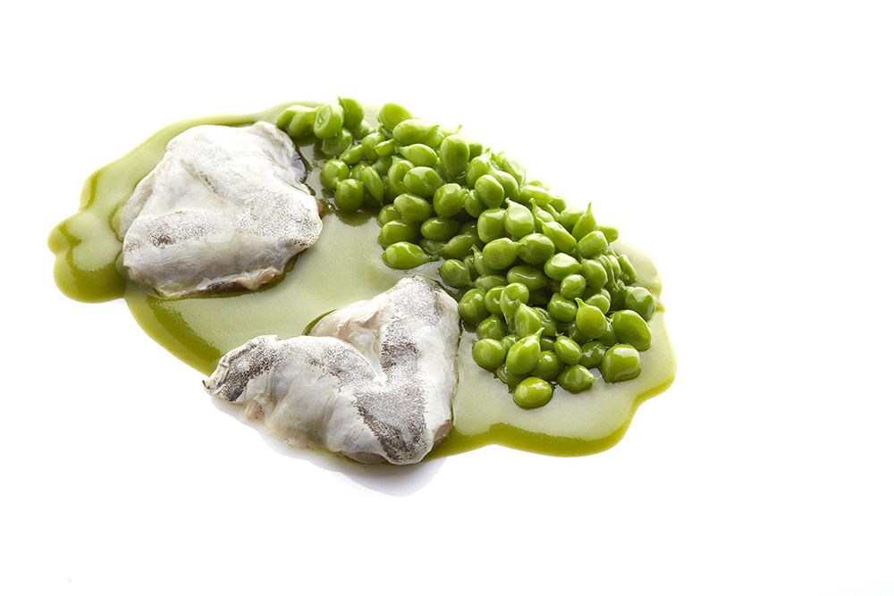 Kokotxas, salsa verde, charcoaled peas