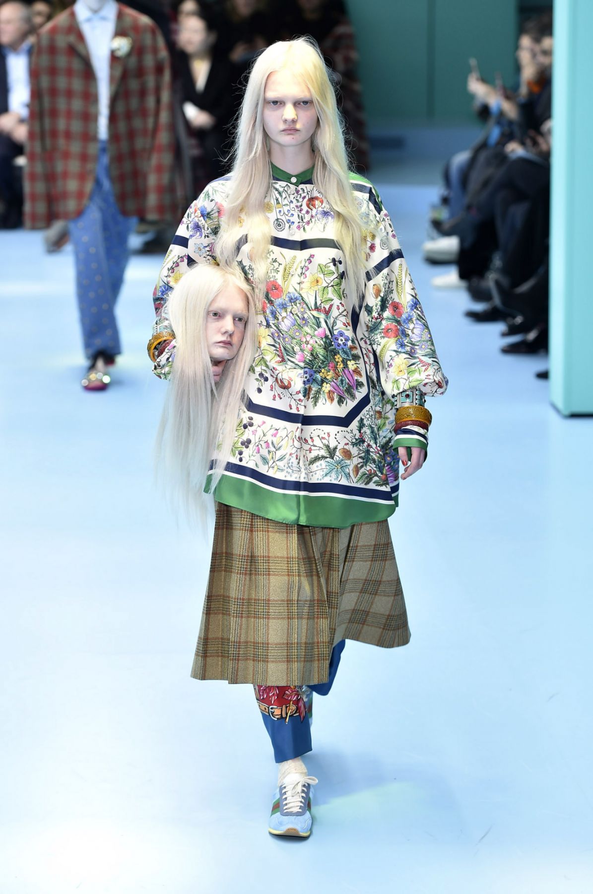MILAN, ITALY - FEBRUARY 21: A model walks the runway at the Gucci Autumn Winter 2018 fashion show during Milan Fashion Week on February 21, 2018 in Milan, Italy. (Photo by Catwalking/Getty Images)