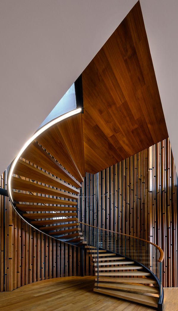 The timber and steel spiral staircase makes a dramatic statement