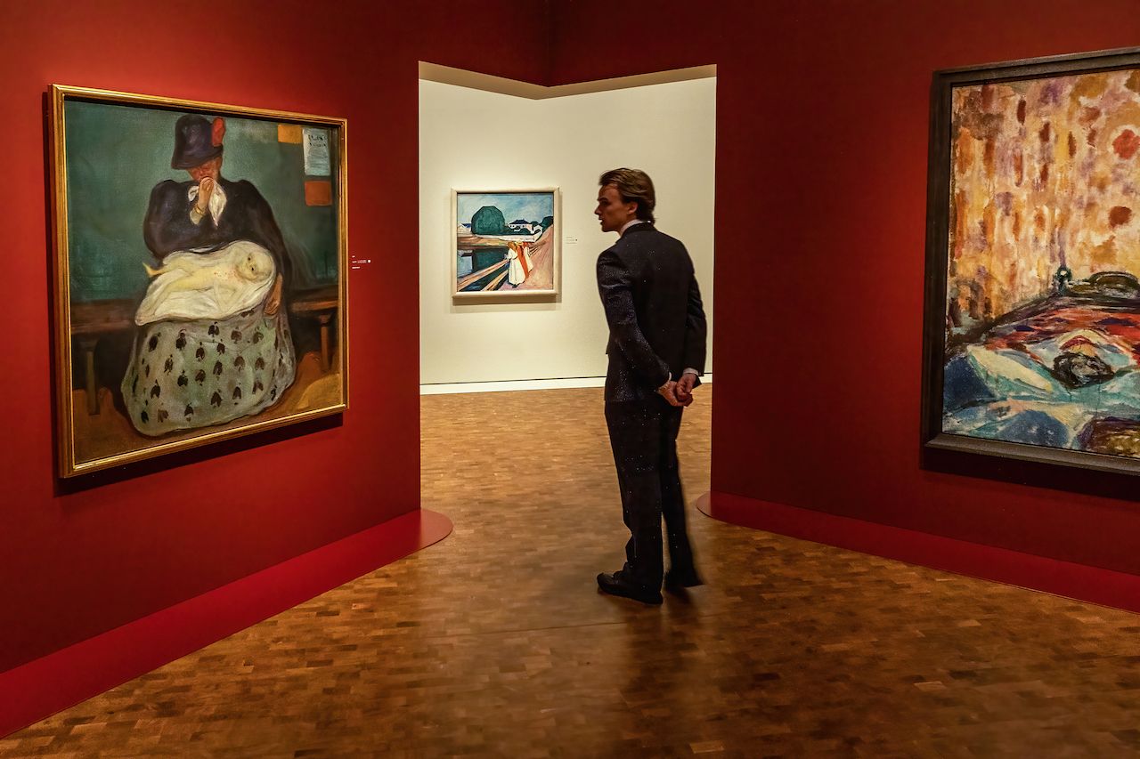 OSLO, NORWAY - OCTOBER 20: A guide view the exhibits of Edvard Munch's art during the press viewing at the MUNCH Museum on October 20, 2021 in Oslo, Norway. (Photo by Per Ole Hagen/Getty Images)