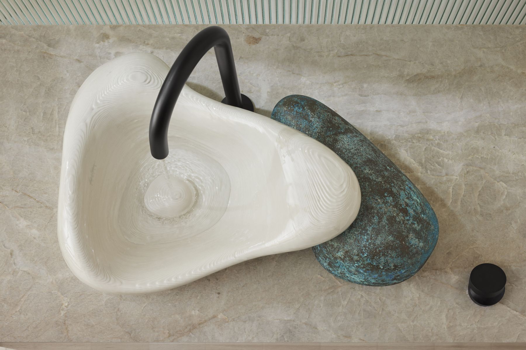 An aerial view of the sculptural sink