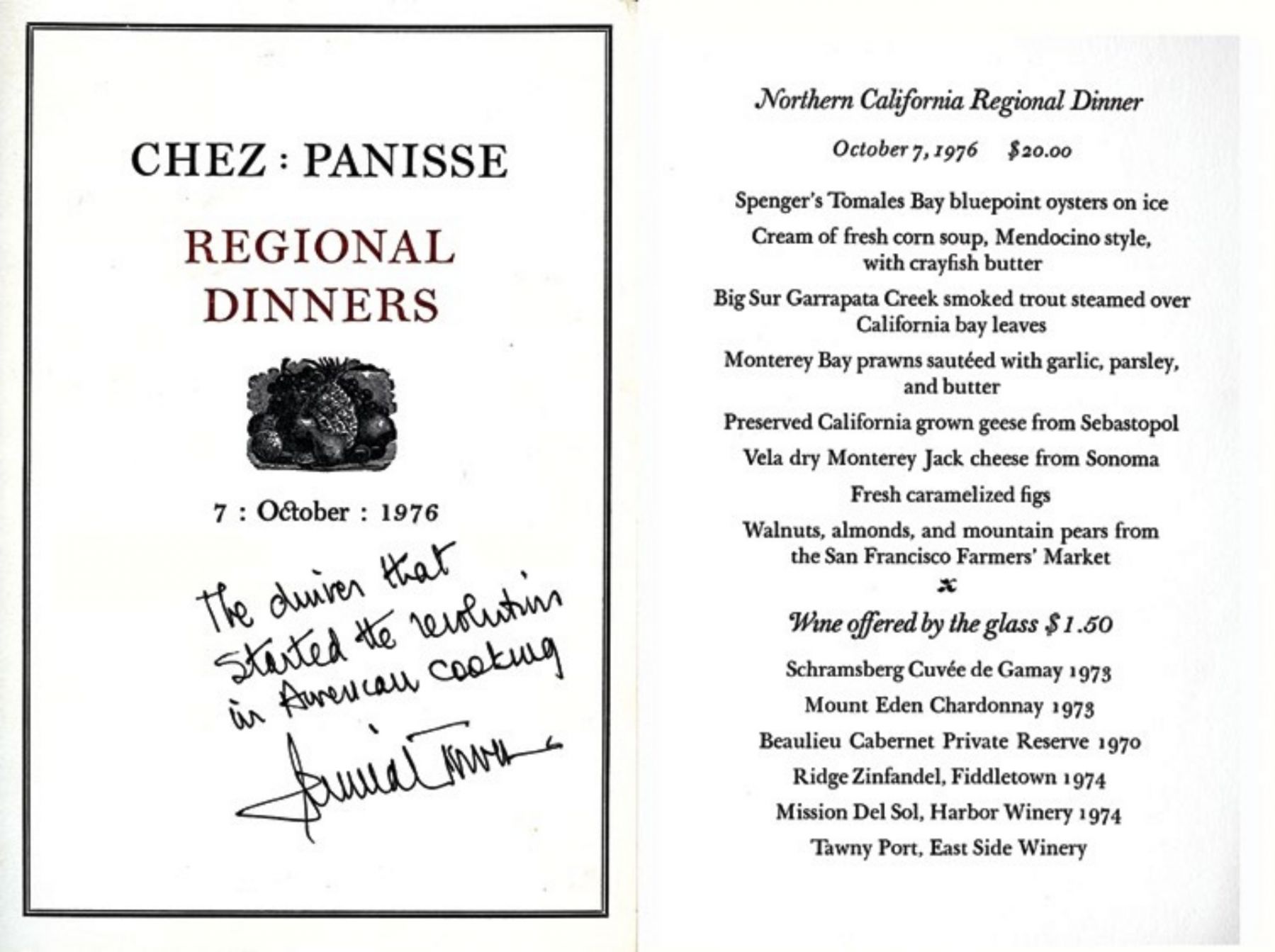 The menu Jeremiah Tower prepared in 1976 at the Northern California Regional Dinner in Chez Panisse (Photo: Courtesy of Jeremiah Tower)