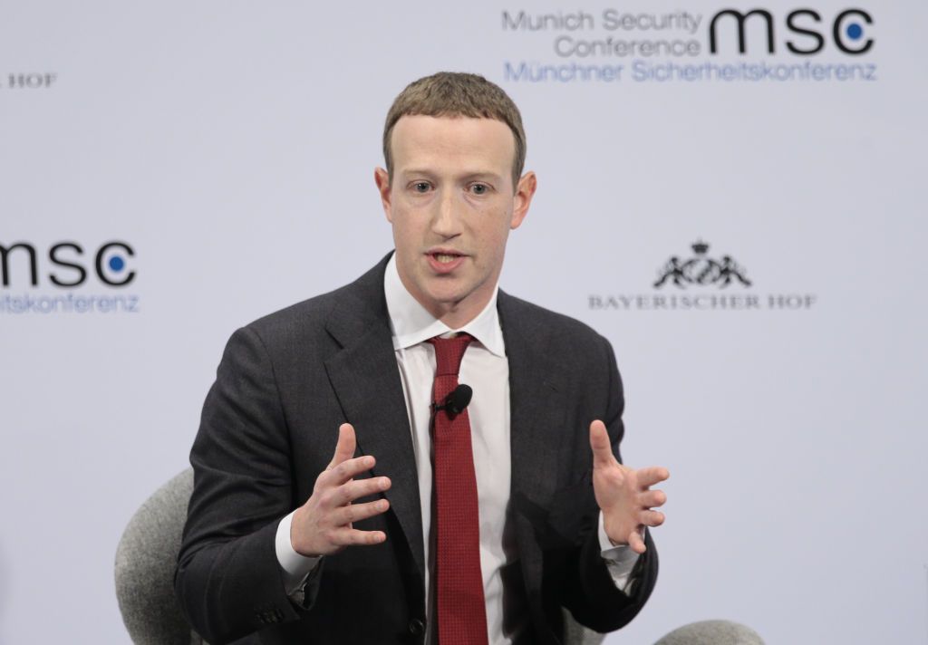 MUNICH, GERMANY - FEBRUARY 15: Founder and CEO of Facebook Mark Zuckerberg makes a speech as he attends the 56th Munich Security Conference at Bayerischer Hof Hotel in Munich, Germany on February 15, 2020. (Photo by Abdulhamid Hosbas/Anadolu Agency via Getty Images)