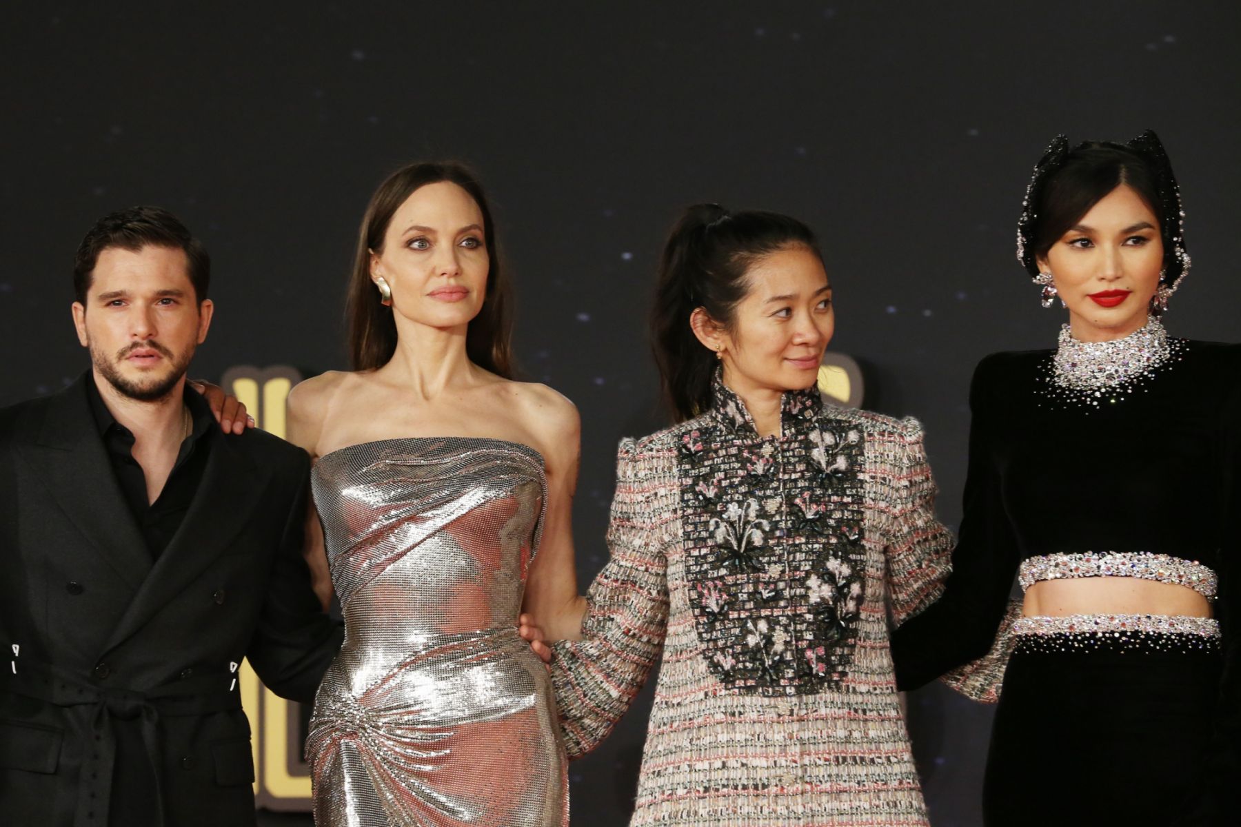 ROME, ITALY - OCTOBER 24: (L-R) Kit Harington, Angelina Jolie, Chloe Zhao and Gemma Chan attend the red carpet of the movie "Eternals" during the 16th Rome Film Fest 2021 on October 24, 2021 in Rome, Italy. (Photo by Elisabetta Villa/Getty Images for Marvel)